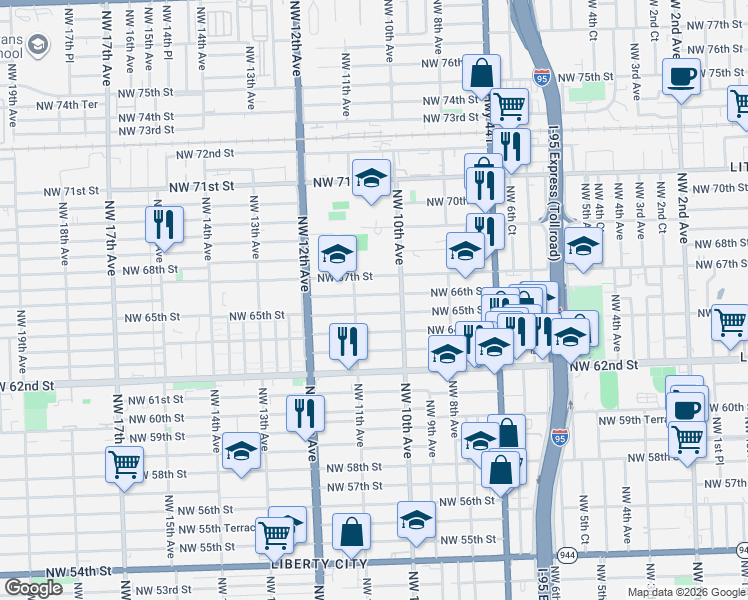 map of restaurants, bars, coffee shops, grocery stores, and more near 1059 Northwest 65th Street in Miami