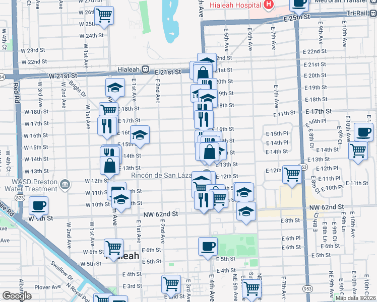 map of restaurants, bars, coffee shops, grocery stores, and more near 308 East 14th Street in Hialeah