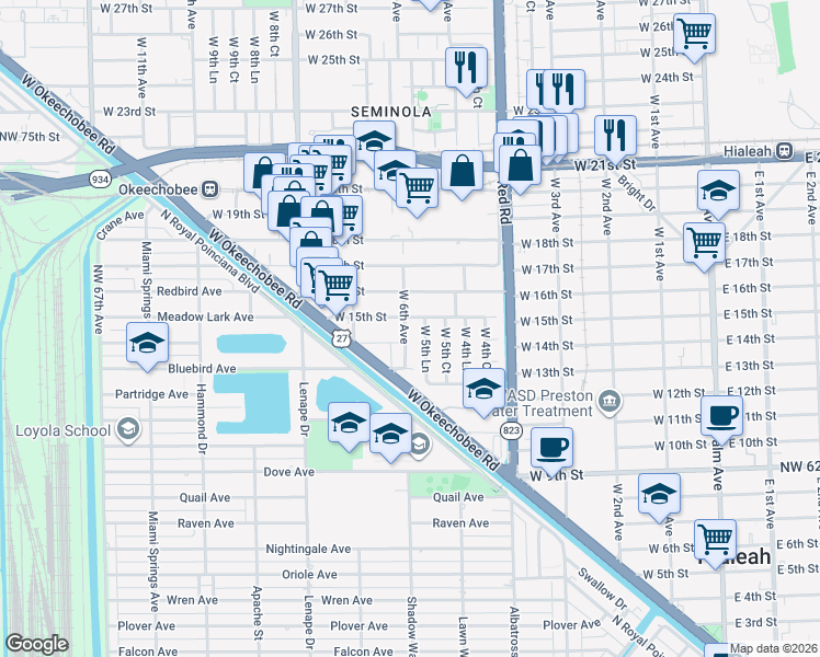 map of restaurants, bars, coffee shops, grocery stores, and more near 1425 West 6th Avenue in Hialeah