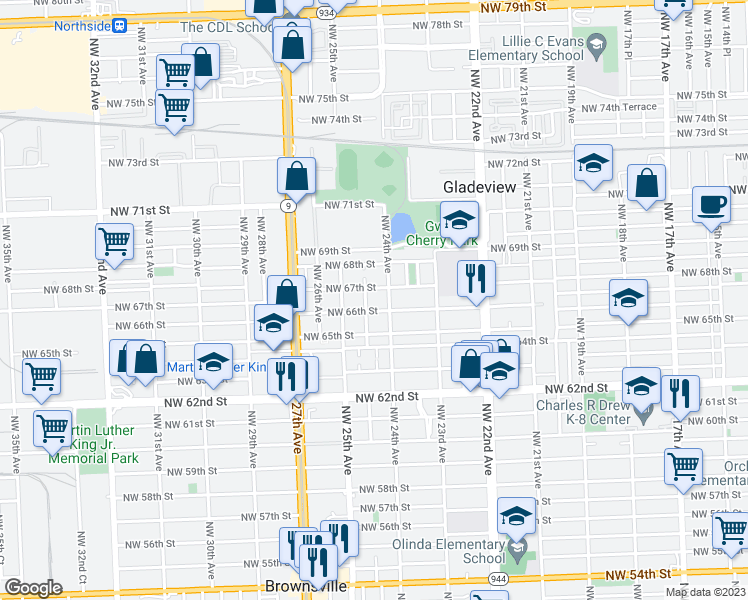 map of restaurants, bars, coffee shops, grocery stores, and more near 2431 Northwest 66th Street in Miami
