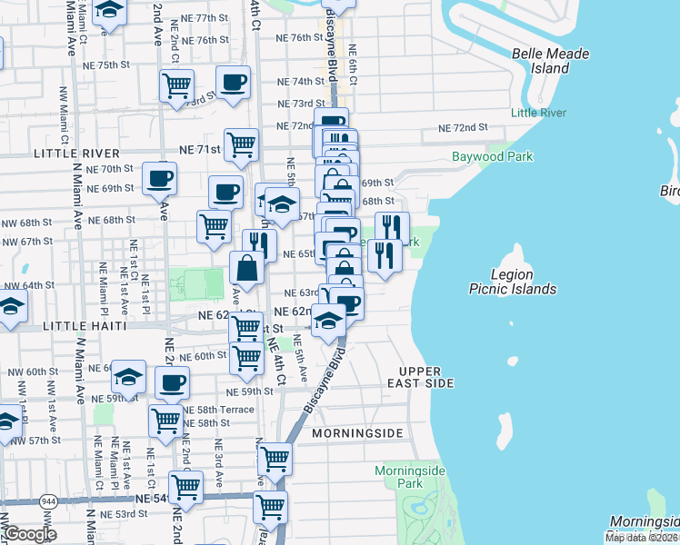 map of restaurants, bars, coffee shops, grocery stores, and more near Biscayne Blvd & NE 64th St in Miami