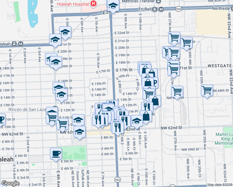 map of restaurants, bars, coffee shops, grocery stores, and more near 821 East 13th Street in Hialeah