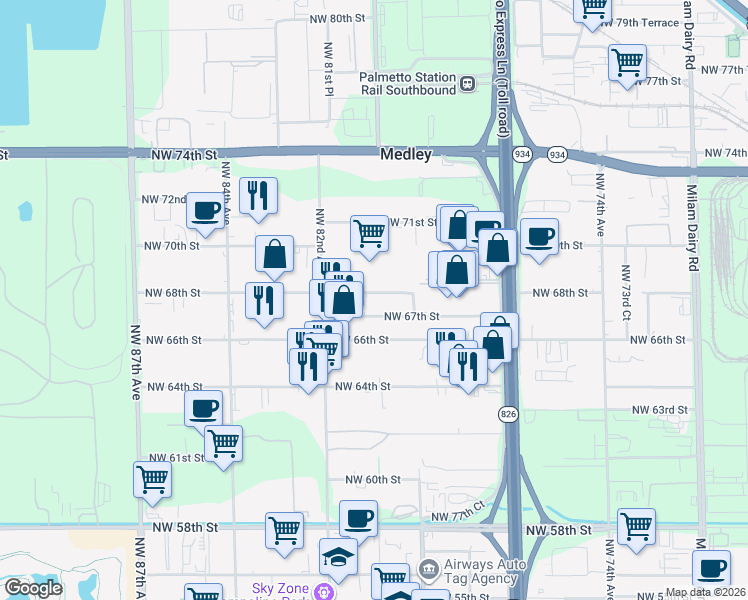 map of restaurants, bars, coffee shops, grocery stores, and more near 8061 Northwest 67th Street in Miami