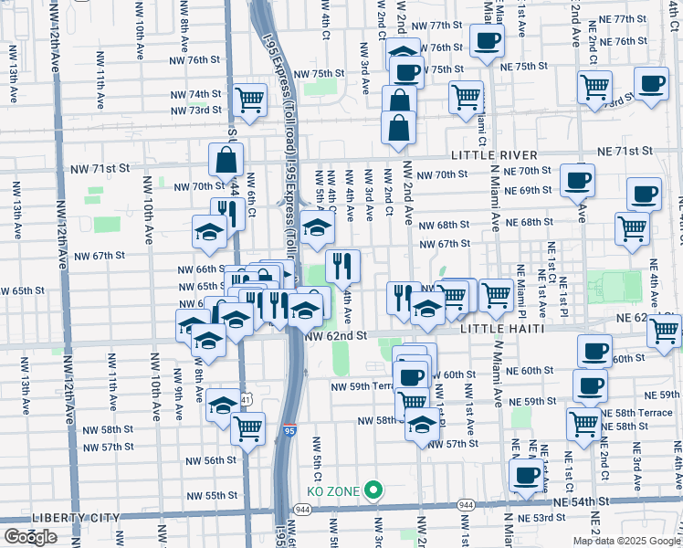 map of restaurants, bars, coffee shops, grocery stores, and more near 6405 Northwest 4th Avenue in Miami