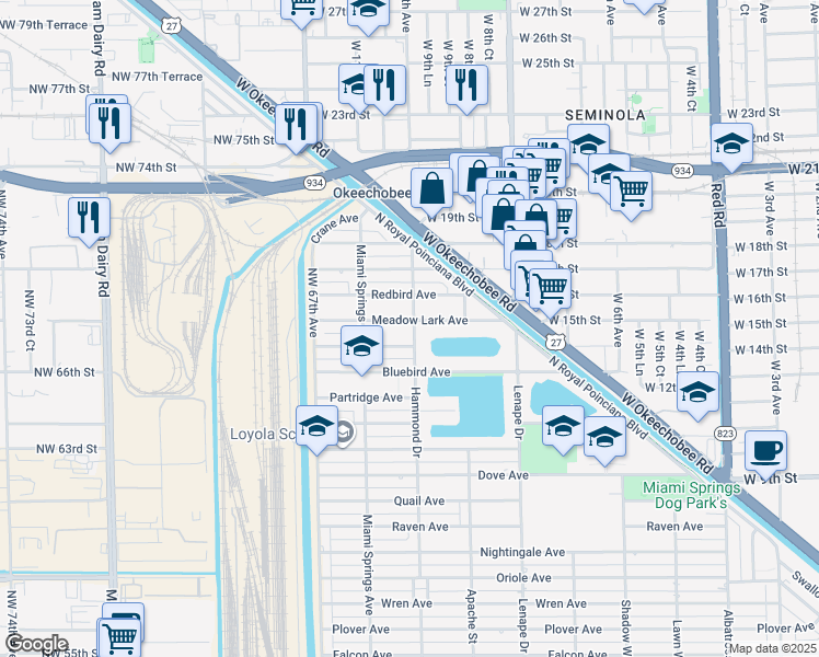 map of restaurants, bars, coffee shops, grocery stores, and more near 1127 Robin Avenue in Miami Springs