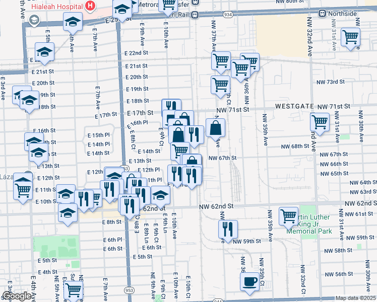 map of restaurants, bars, coffee shops, grocery stores, and more near 1065 East 13th Street in Hialeah