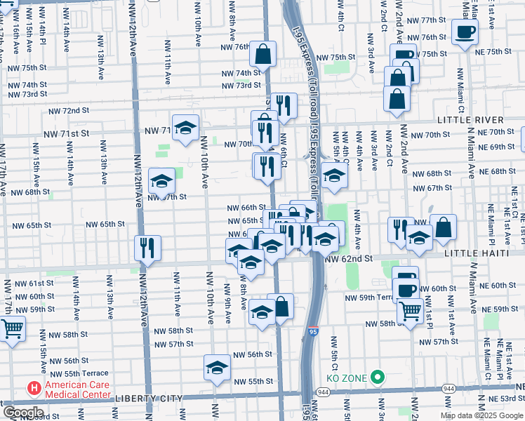 map of restaurants, bars, coffee shops, grocery stores, and more near 728 Northwest 66th Street in Miami
