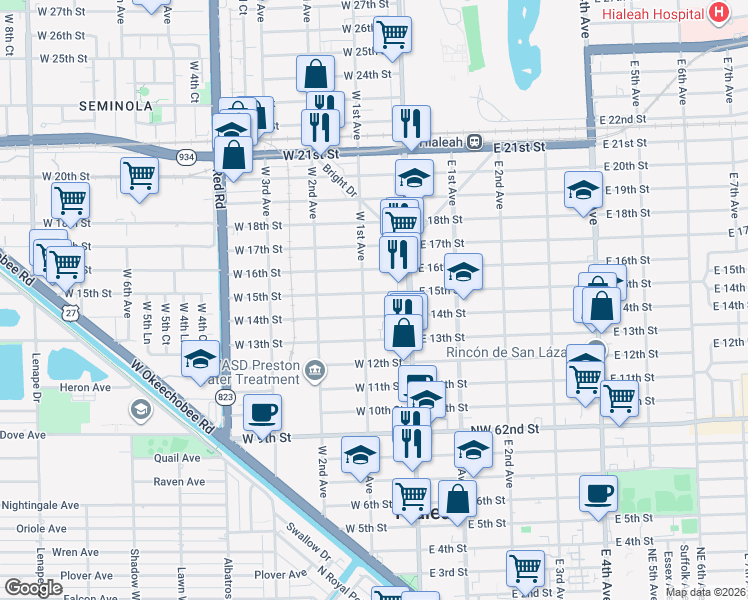 map of restaurants, bars, coffee shops, grocery stores, and more near 55 West 14th Street in Hialeah