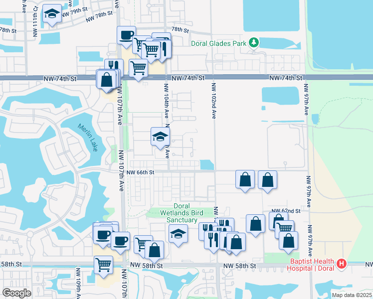 map of restaurants, bars, coffee shops, grocery stores, and more near 6735 Northwest 103rd Avenue in Doral