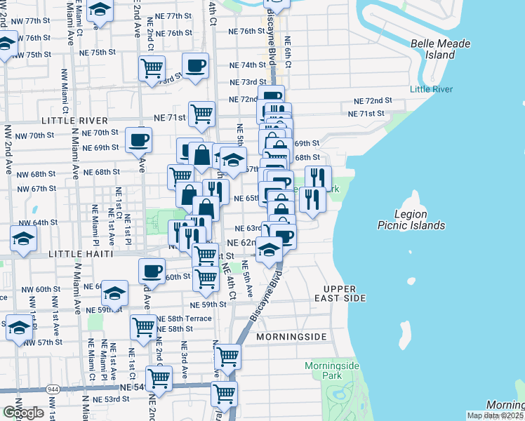 map of restaurants, bars, coffee shops, grocery stores, and more near 541 Northeast 63rd Street in Miami