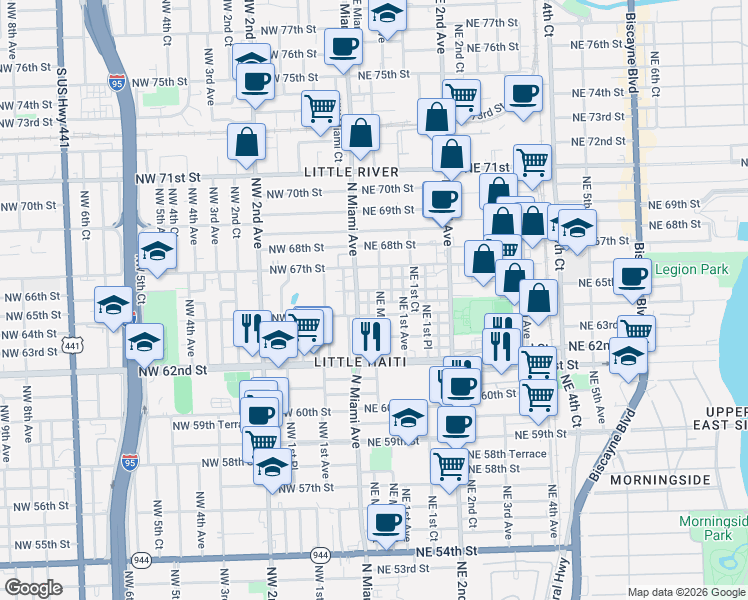 map of restaurants, bars, coffee shops, grocery stores, and more near 6355 North Miami Avenue in Miami