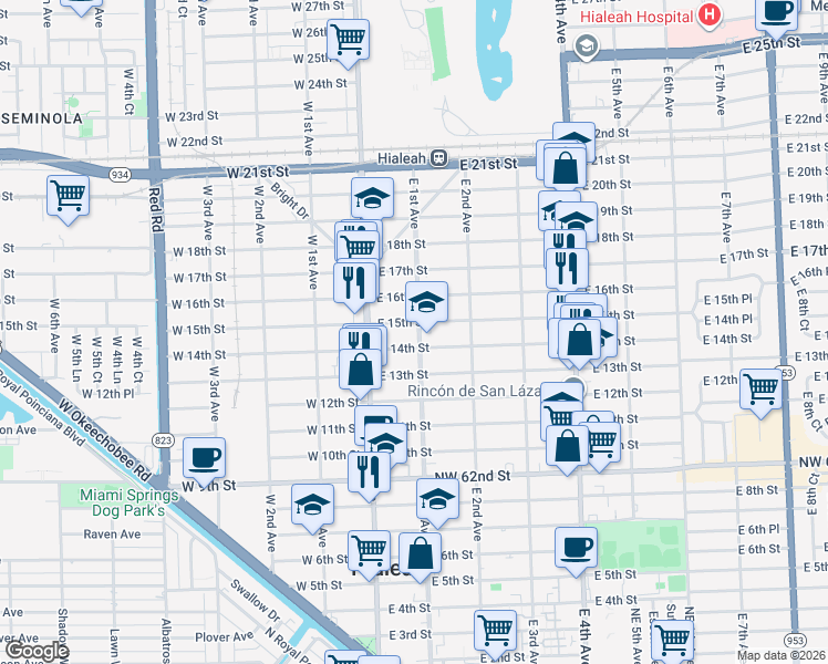 map of restaurants, bars, coffee shops, grocery stores, and more near 98 East 14th Street in Hialeah