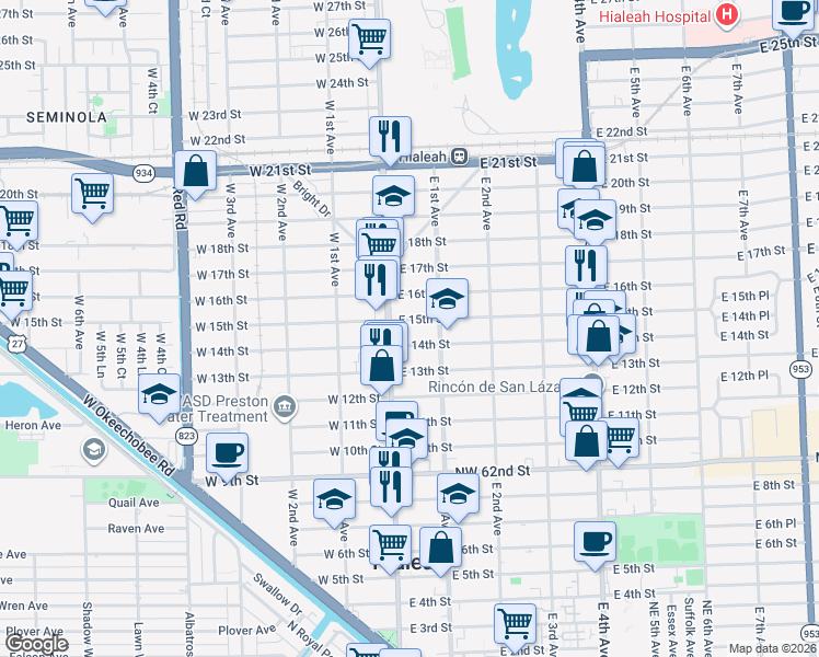 map of restaurants, bars, coffee shops, grocery stores, and more near 19 East 14th Street in Hialeah
