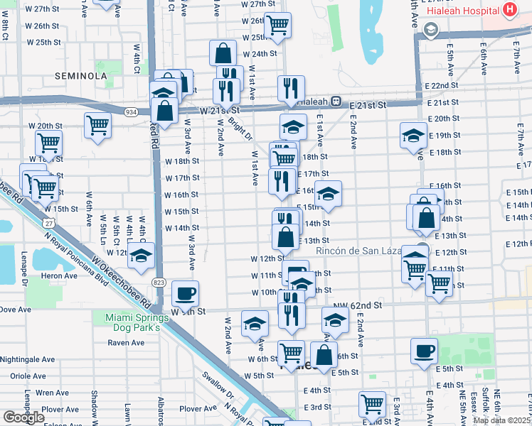 map of restaurants, bars, coffee shops, grocery stores, and more near 55 West 14th Street in Hialeah