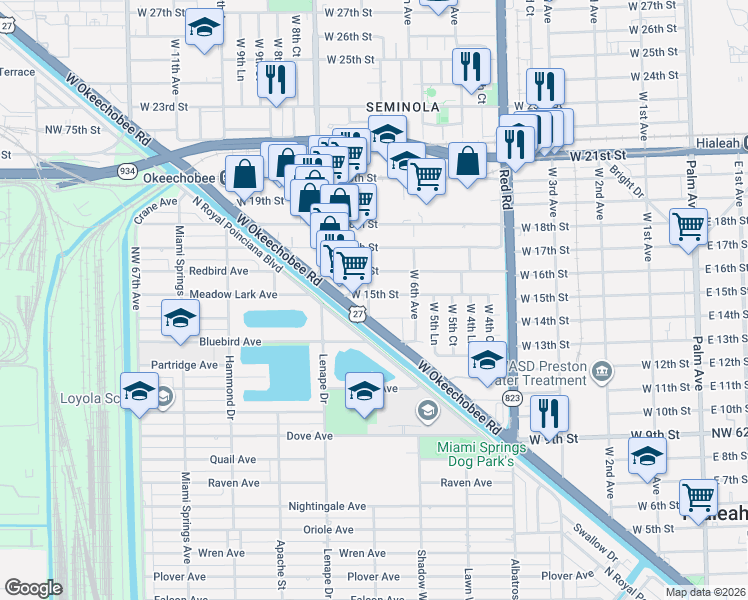map of restaurants, bars, coffee shops, grocery stores, and more near 659 West 14th Street in Hialeah
