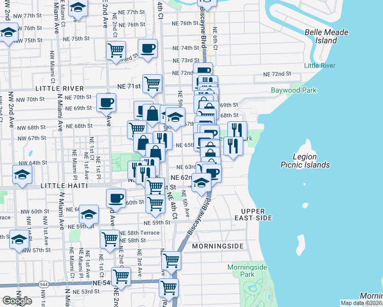 map of restaurants, bars, coffee shops, grocery stores, and more near 541 Northeast 63rd Street in Miami