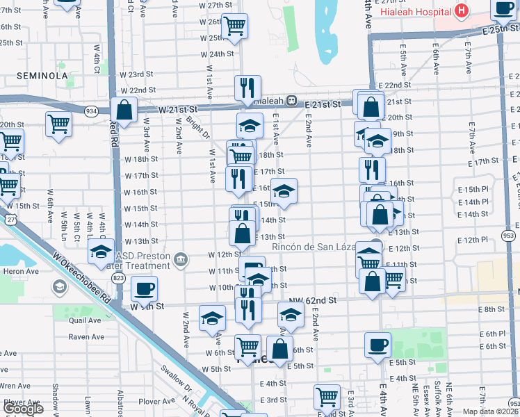 map of restaurants, bars, coffee shops, grocery stores, and more near 19 East 14th Street in Hialeah