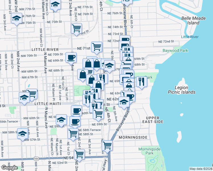 map of restaurants, bars, coffee shops, grocery stores, and more near 425 Northeast 63rd Street in Miami