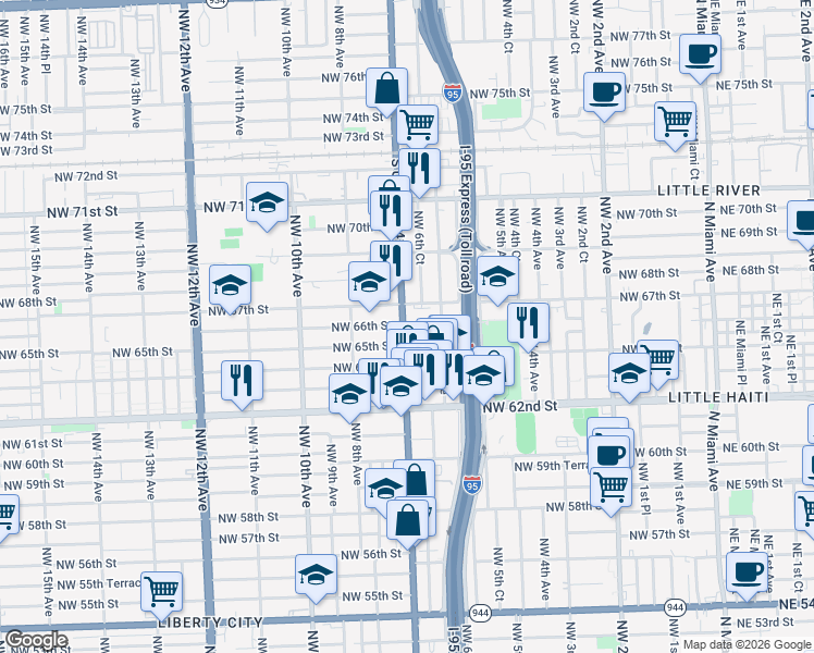 map of restaurants, bars, coffee shops, grocery stores, and more near 645 Northwest 64th Street in Miami