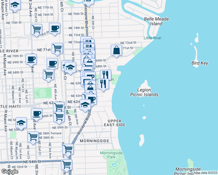 map of restaurants, bars, coffee shops, grocery stores, and more near 750 Northeast 64th Street in Miami