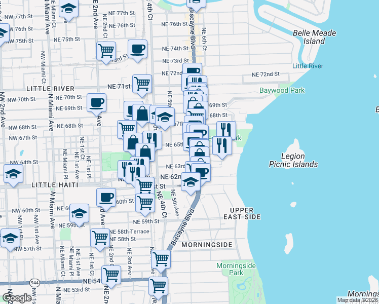 map of restaurants, bars, coffee shops, grocery stores, and more near 541 Northeast 63rd Street in Miami