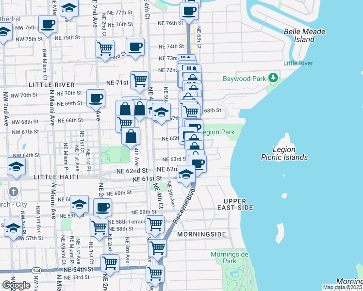 map of restaurants, bars, coffee shops, grocery stores, and more near 541 Northeast 63rd Street in Miami