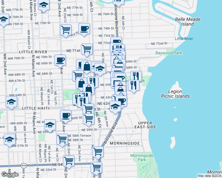 map of restaurants, bars, coffee shops, grocery stores, and more near 541 Northeast 63rd Street in Miami
