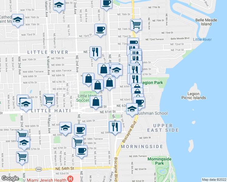 map of restaurants, bars, coffee shops, grocery stores, and more near 425 Northeast 63rd Street in Miami