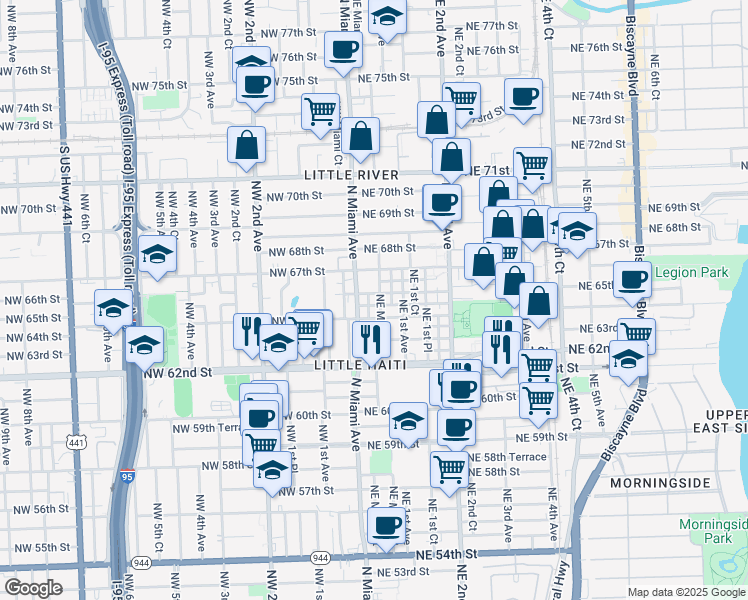 map of restaurants, bars, coffee shops, grocery stores, and more near 6355 North Miami Avenue in Miami