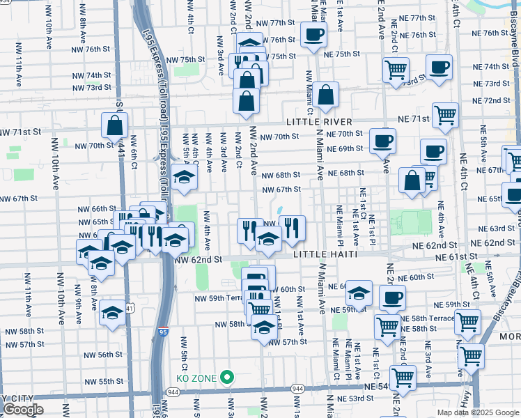 map of restaurants, bars, coffee shops, grocery stores, and more near in Miami