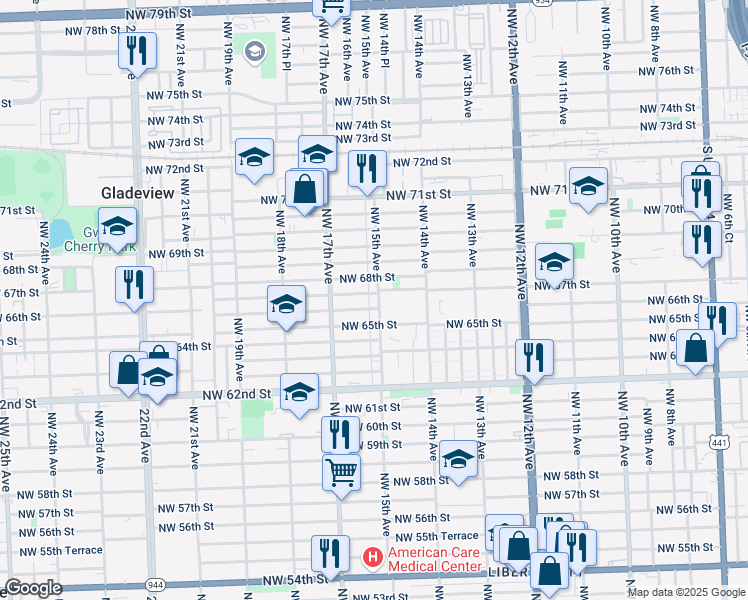 map of restaurants, bars, coffee shops, grocery stores, and more near 6530 Northwest 15th Avenue in Miami