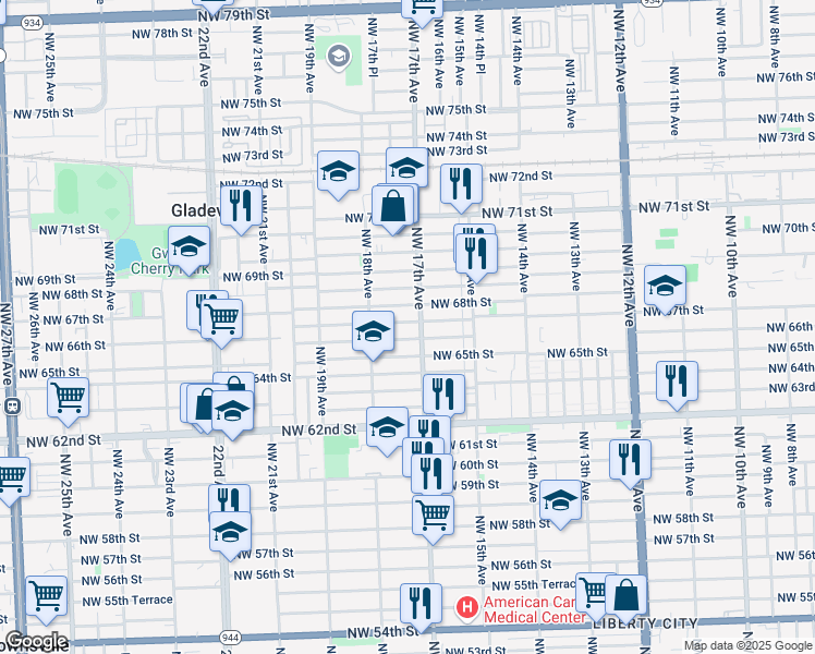 map of restaurants, bars, coffee shops, grocery stores, and more near 1754 Northwest 66th Street in Miami