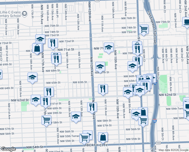 map of restaurants, bars, coffee shops, grocery stores, and more near 1201 Northwest 65th Street in Miami