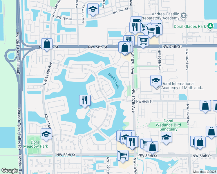 map of restaurants, bars, coffee shops, grocery stores, and more near 6740 Northwest 109th Court in Doral