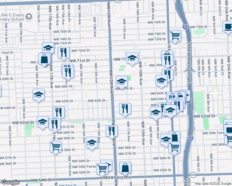 map of restaurants, bars, coffee shops, grocery stores, and more near 1201 Northwest 65th Street in Miami