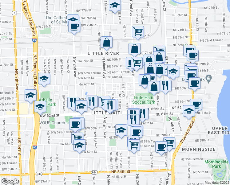 map of restaurants, bars, coffee shops, grocery stores, and more near 60 Northeast 65th Street in Miami