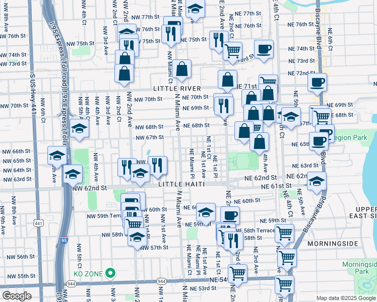 map of restaurants, bars, coffee shops, grocery stores, and more near 6355 North Miami Avenue in Miami