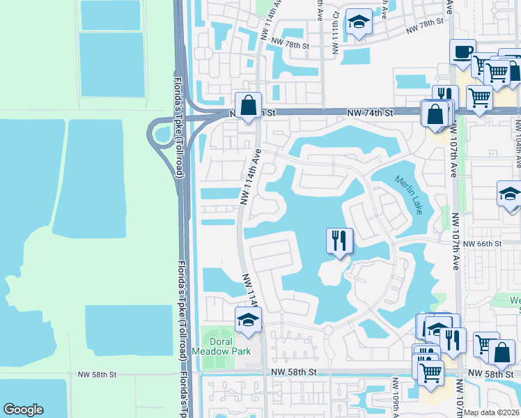 map of restaurants, bars, coffee shops, grocery stores, and more near 11352 Northwest 68th Street in Doral