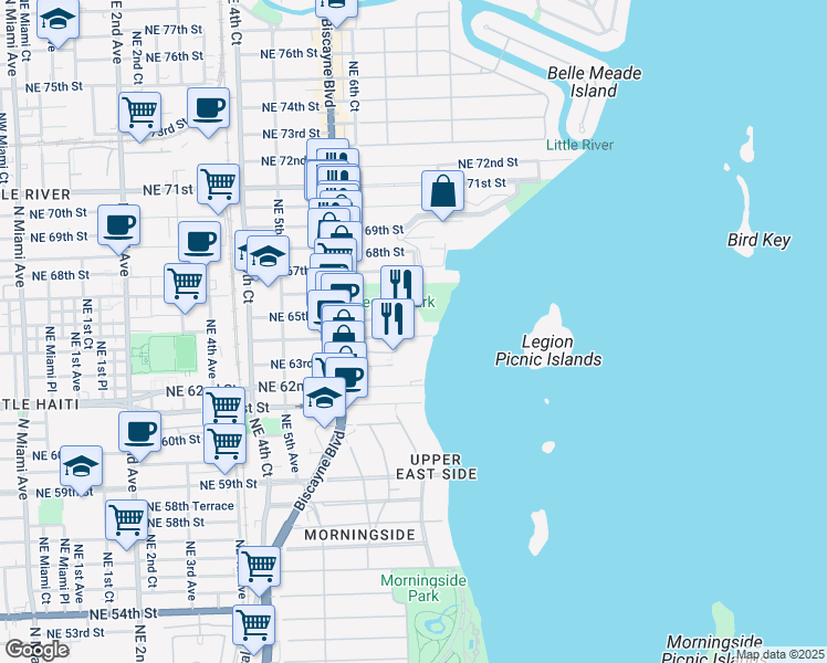 map of restaurants, bars, coffee shops, grocery stores, and more near 6445 Northeast 7th Avenue in Miami
