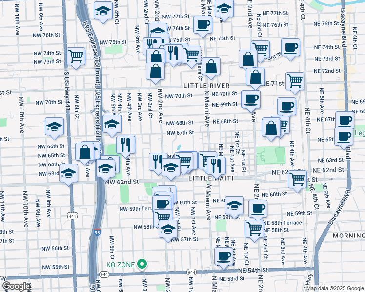 map of restaurants, bars, coffee shops, grocery stores, and more near 140 Northwest 67th Street in Miami