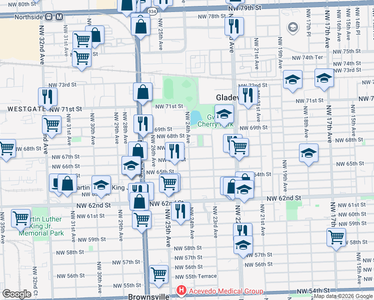 map of restaurants, bars, coffee shops, grocery stores, and more near 2406 Northwest 67th Street in Miami