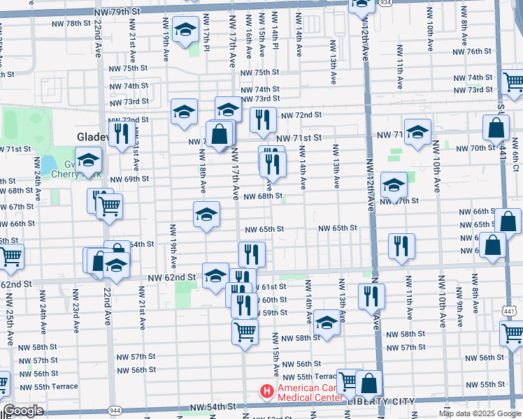 map of restaurants, bars, coffee shops, grocery stores, and more near 6740 Northwest 15th Avenue in Miami