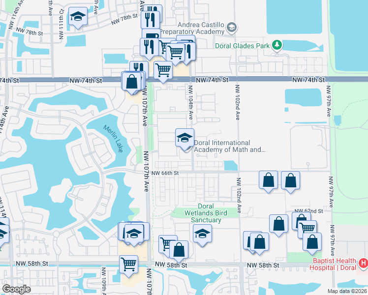map of restaurants, bars, coffee shops, grocery stores, and more near 10445 Northwest 68th Terrace in Doral
