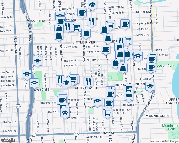 map of restaurants, bars, coffee shops, grocery stores, and more near 6501 North Miami Avenue in Miami