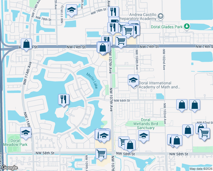 map of restaurants, bars, coffee shops, grocery stores, and more near 6874 Northwest 107th Place in Doral