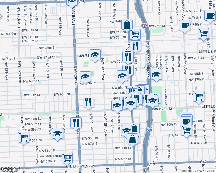 map of restaurants, bars, coffee shops, grocery stores, and more near 930 Northwest 67th Street in Miami