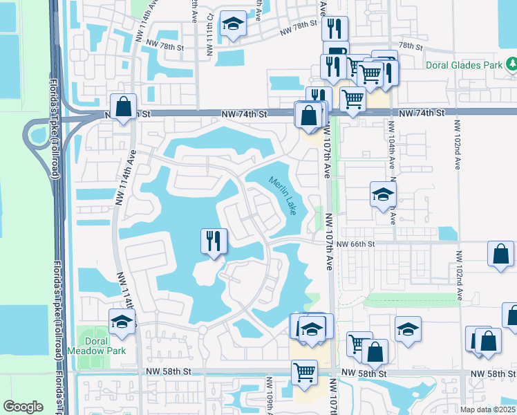 map of restaurants, bars, coffee shops, grocery stores, and more near 10906 Northwest 69th Terrace in Doral