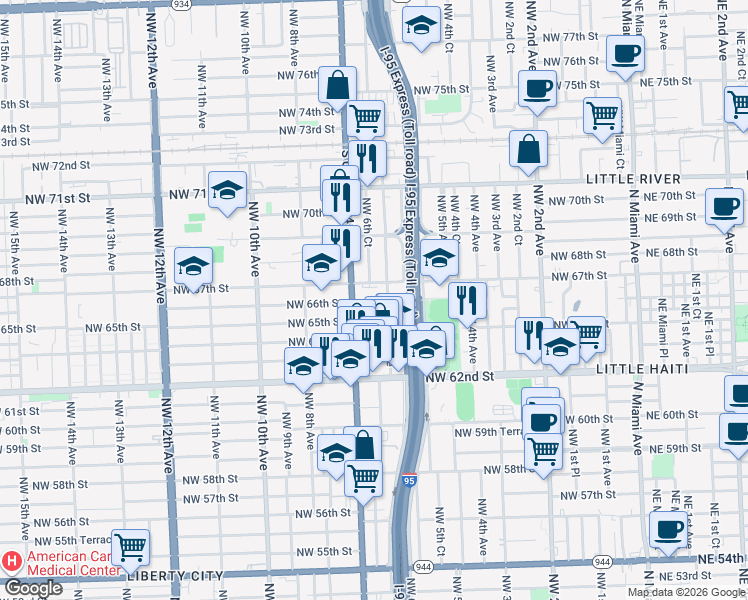 map of restaurants, bars, coffee shops, grocery stores, and more near 636 Northwest 67th Street in Miami