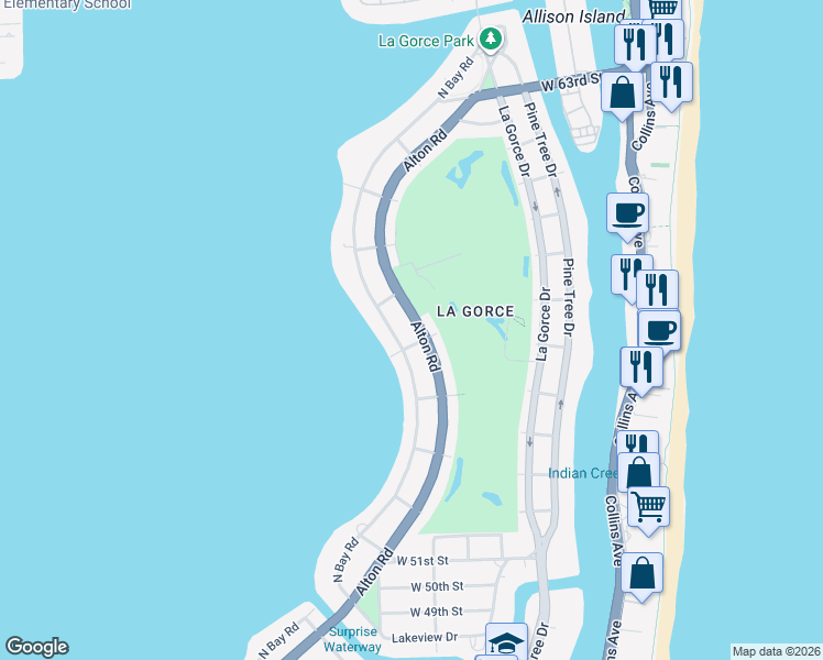 map of restaurants, bars, coffee shops, grocery stores, and more near 5636 Alton Road in Miami Beach