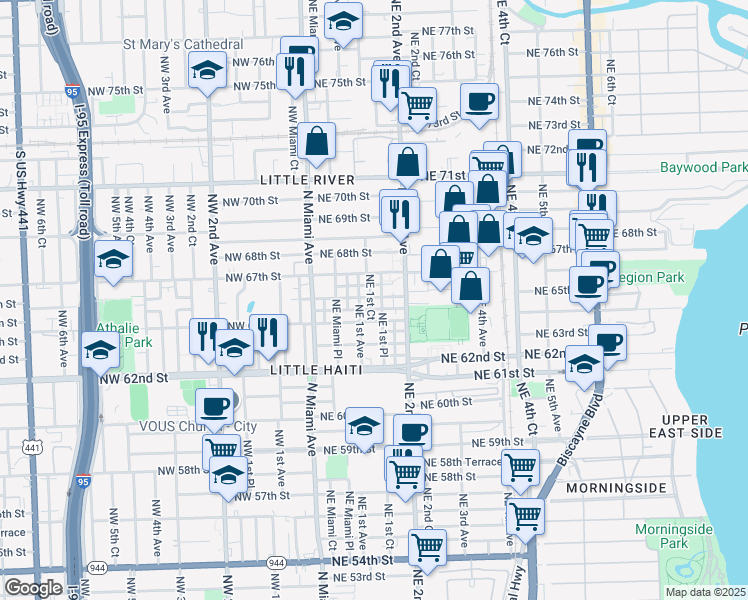 map of restaurants, bars, coffee shops, grocery stores, and more near 170 Northeast 67th Street in Miami